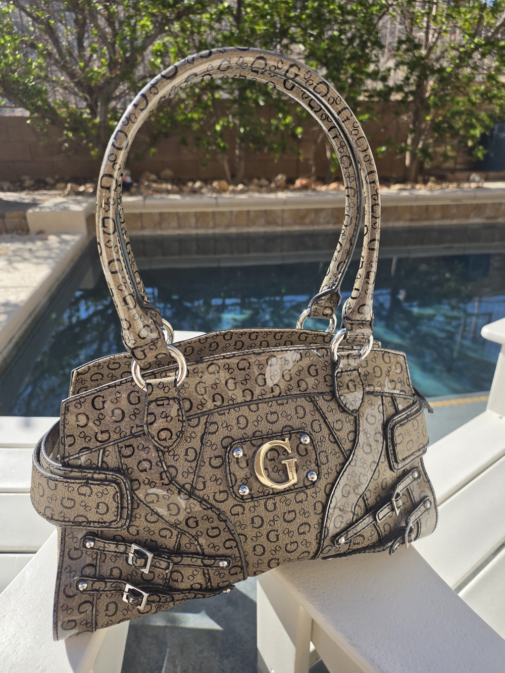 Guess Monogram Beige Patterned Satchel